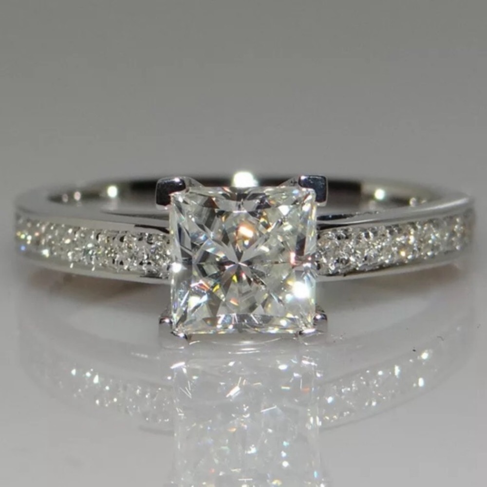 NEW S925 PRINCESS CUT DIAMOND STERLING SILVER RING